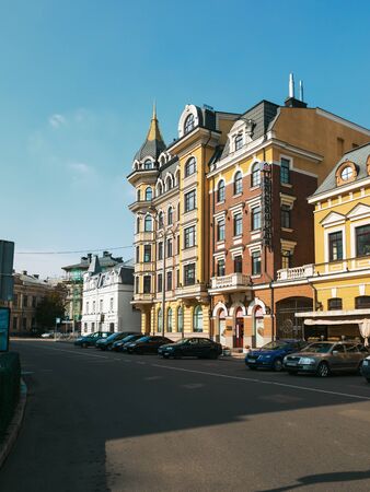KYIV, UKRAINE - Sep. 28, 2019: Streets and buildings of old Kyiv. Exterior of old residential buildings in the historic district called Podil (Podol), Kyiv downtown.のeditorial素材