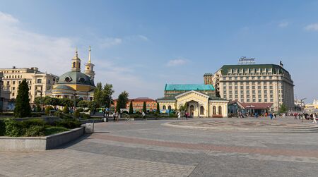 KYIV, UKRAINE - Sep. 28, 2019: Fairmont grand hotel. Streets and buildings of old Kyiv. Exterior of old residential buildings in the historic district called Podil (Podol), Kyiv downtown.のeditorial素材