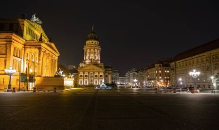 Berlin, Germany - 15 Mar, 2015: View of famous Gendarmenmarkt square at night. Concert Hall (Konzerthaus) and New Church (Deutscher Dom or Neue Kirche) on Gendarmenmarkt squareのeditorial素材