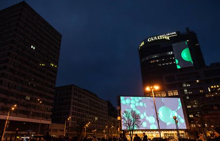 KYIV, UKRAINE - Nov. 16, 2019:  Gulliver building at dusk. Gulliver shopping and entertainment center in Kyiv in the evening. Neon lights and advertising illuminationのeditorial素材
