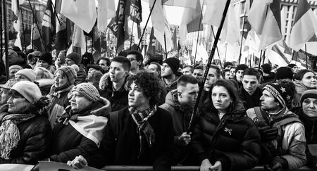KYIV, UKRAINE - Dec. 08, 2019: Red Lines Protest for President Zelensky. Thousands ukrainians attend rally against surrender on the Independence Square in Kyiv, Ukraine.のeditorial素材