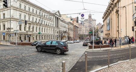 KYIV, UKRAINE - Nov 16, 2019: Old Kyiv architecture. Unique architecture at the Bogdan Khmelnitsky Street, Shevchenkivskyi district.のeditorial素材