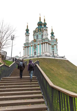 Kyiv, Ukraine - Nov 16, 2019: Famous historical streets of Kyiv â Andreevsky descent. St. Andrew's Church on Andreevsky descent in Kyivのeditorial素材