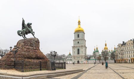 Kyiv, Ukraine - Nov 15, 2019: Bronze monument to Bogdan Khmelnitsky on Sofia Square in Kyiv, Ukraine. Most known city monument and original symbol of Kievのeditorial素材
