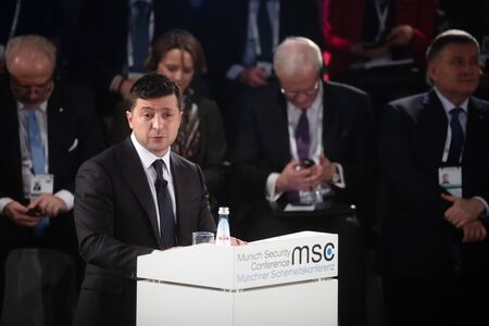 MUNICH, GERMANY - 15 Feb 2020: Speech of the President of Ukraine Volodymyr Zelensky during Munich Security Conferenceのeditorial素材