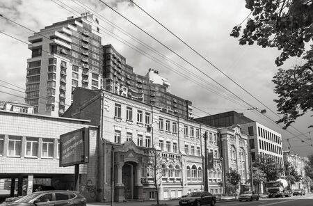 Kyiv, Ukraine - May. 11, 2019:  Yuri Illenko Street in Kyiv. Old and new architecture of Kyiv. Buildings in central historical old city of Kiev, Ukraine. Old and new architecture of Kyivのeditorial素材