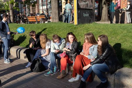 Kyiv, Ukraine - May. 05, 2017: Kyiv street scene. Residents and guests of Kiev walk and relax on the main street of the capital of Ukraine Khreshchatyk. People walk on Khreshchatykのeditorial素材