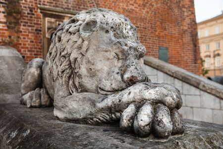 Krakow, Poland - 27 Jul, 2013: Beautiful architecture of old Krakow. Sculpture of a resting lionのeditorial素材