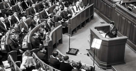 KYIV, UKRAINE - Mar. 04, 2020: President of Ukraine Volodymyr Zelensky during the session of the Verkhovna Rada of Ukraineのeditorial素材