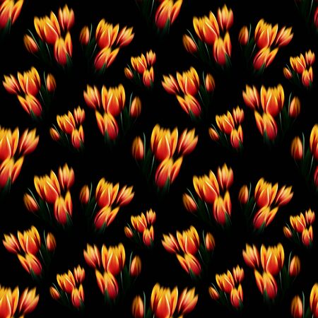 Blurred red yellow tulips seamless pattern. Can be used as fabric, wallpaper, wrapper.の写真素材