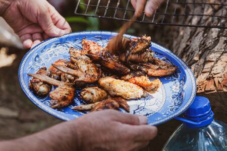 Tasty food concept. Grilled chicken wings on a plate.
