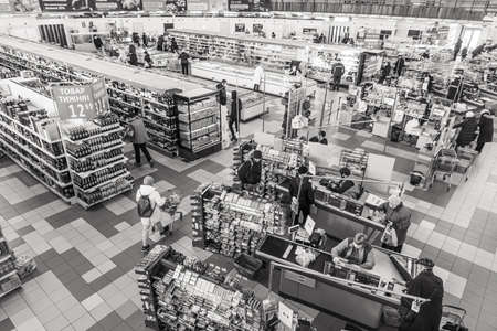 Kyiv, Ukraine - Mar. 27, 2020: Buyers in a large grocery shopping center in Kiev buy essential goodsのeditorial素材