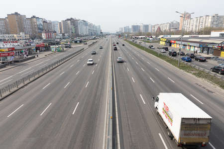 Kyiv, Ukraine - Mar. 24, 2020: Mykoly Bazhana Avenue, Borispol highway at Pozdnyaki residential area...
