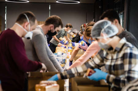 KYIV, UKRAINE - Apr. 04, 2020: Coronavirus epidemic in Ukraine and help to the poor. Thousands food packages from the Poroshenko Foundation sent to pensioners and people with disabilitiesのeditorial素材