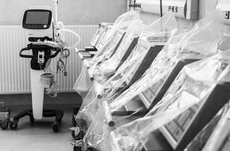KYIV, UKRAINE - Apr. 03, 2020: Preparing for the coronavirus epidemic. Ambulance station in Kiev. Poroshenko Foundation donated artificial lung ventilation devices to Kyiv City Clinical Ambulance Hospitalのeditorial素材