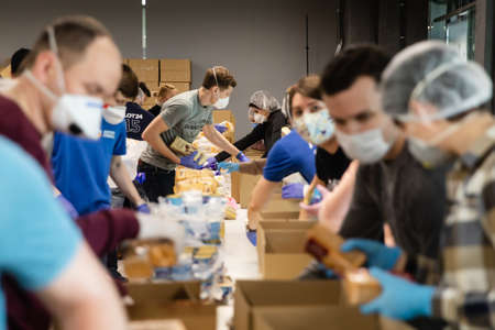 KYIV, UKRAINE - Apr. 04, 2020: Coronavirus epidemic in Ukraine and help to the poor. Thousands food packages from the Poroshenko Foundation sent to pensioners and people with disabilitiesのeditorial素材