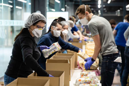 KYIV, UKRAINE - Apr. 04, 2020: Coronavirus epidemic in Ukraine and help to the poor. Thousands food...