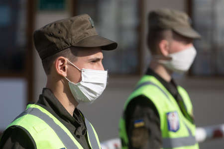 Kyiv, Ukraine - Apr. 13, 2020: The National Guard and the patrol police of Ukraine control the...