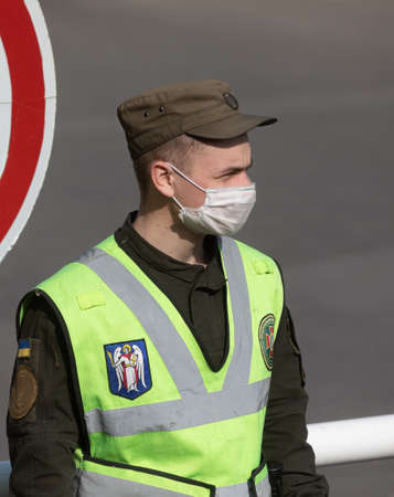 Kyiv, Ukraine - Apr. 13, 2020: The National Guard and the patrol police of Ukraine control the...