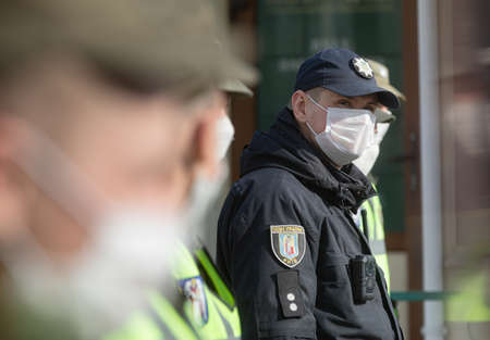 Kyiv, Ukraine - Apr. 13, 2020: The National Guard and the patrol police of Ukraine control the...