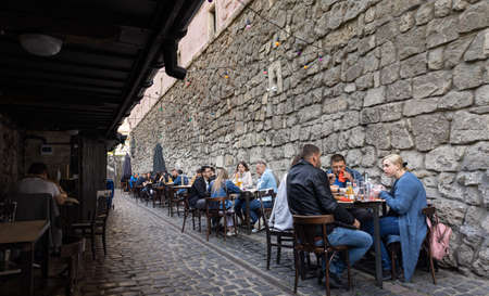 Lviv, Ukraine - May 23, 2020: Arsenal Ribs And Spirits. Medieval Themed restaurant near the armoury. Very popular place among tourists.のeditorial素材