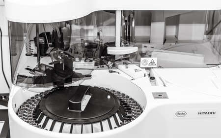 KYIV, UKRAINE - Jun. 03, 2020: Medical equipment for blood test. Clinic laboratory chemical research of infection. Laboratory tests for the presence of coronavirus COVID-19.のeditorial素材