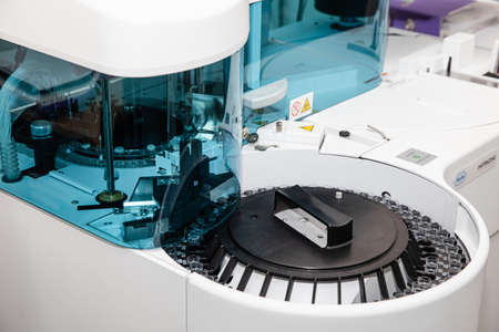 KYIV, UKRAINE - Jun. 03, 2020: Medical equipment for blood test. Clinic laboratory chemical research of infection. Laboratory tests for the presence of coronavirus COVID-19.のeditorial素材