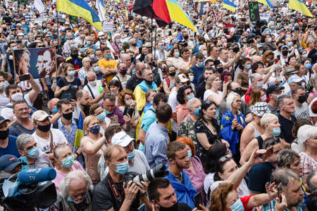 KYIV, UKRAINE - Jun. 18, 2020: Political persecution of Petro Poroshenko. Thousands of people came to support 5th President of Ukraine Petro Poroshenko during the session of Pechersk District Courtのeditorial素材