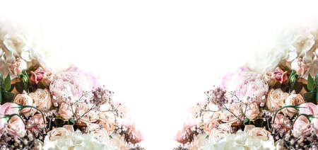 Floral background. Close up bouquet of beautiful flowers. Frame with copy spaceの写真素材