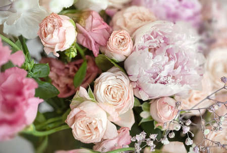 Floral background. Close up fragment of a bouquet of beautiful flowersの写真素材