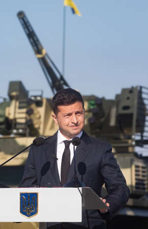 VASYLKIV, UKRAINE - Aug. 23, 2020: President of Ukraine Volodymyr Zelensky took part in the ceremony of raising the State Flag of Ukraine at the military airfield in Vasylkiv, Kyiv regionのeditorial素材