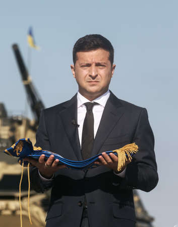 VASYLKIV, UKRAINE - Aug. 23, 2020: President of Ukraine Volodymyr Zelensky took part in the ceremony of raising the State Flag of Ukraine at the military airfield in Vasylkiv, Kyiv regionのeditorial素材