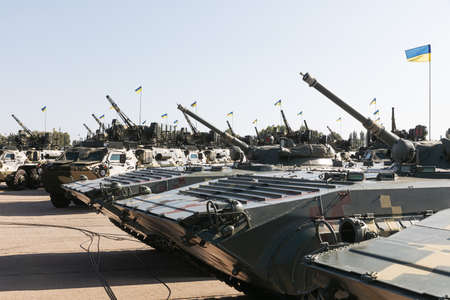 VASYLKIV, UKRAINE - Aug. 23, 2020: Samples of military equipment for the armed forces of Ukraine...