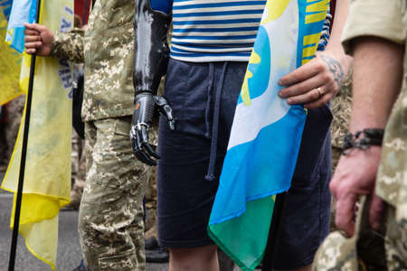 KYIV, UKRAINE - Aug 24, 2020: March of the defenders of Ukraine on the occasion of 29th anniversary of Independence of Ukraine on Khreshchatyk, Kiev.のeditorial素材