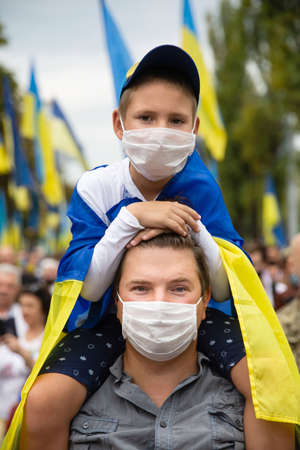 KYIV, UKRAINE - Aug 24, 2020: March of the defenders of Ukraine on the occasion of 29th anniversary of Independence of Ukraine on Khreshchatyk, Kiev.のeditorial素材
