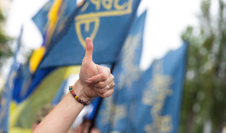 KYIV, UKRAINE - Aug 24, 2020: March of the defenders of Ukraine on the occasion of 29th anniversary...