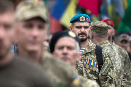 KYIV, UKRAINE - Aug 24, 2020: March of the defenders of Ukraine on the occasion of 29th anniversary...