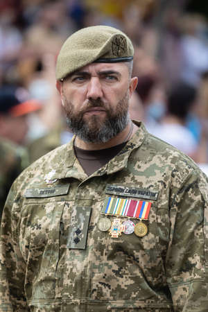 KYIV, UKRAINE - Aug 24, 2020: March of the defenders of Ukraine on the occasion of 29th anniversary of Independence of Ukraine in Kyivのeditorial素材