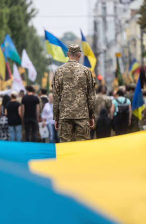 KYIV, UKRAINE - Aug 24, 2020: March of the defenders of Ukraine on the occasion of 29th anniversary of Independence of Ukraine in Kyivのeditorial素材