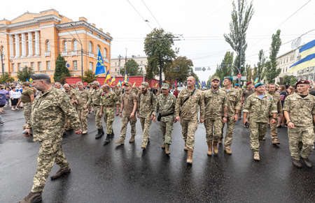 KYIV, UKRAINE - Aug 24, 2020: March of the defenders of Ukraine on the occasion of 29th anniversary...