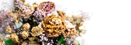 Dry bouquet with copy space. Close-up image of dried flowers in a bouquet. Life and death concept....
