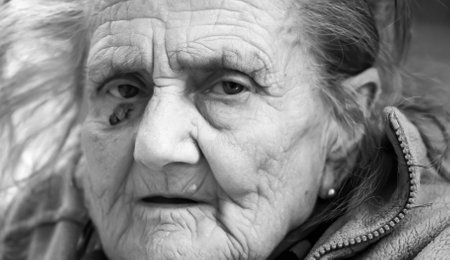 Old woman. Portrait of very old tired woman in depression. Black and white imageの写真素材