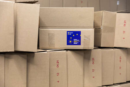KYIV, UKRAINE - Apr. 17, 2021: Humanitarian aid. Coronavirus epidemic in Ukraine. Help to the poor. Thousands food packages from Poroshenko Foundation sent to pensioners and people with disabilitiesのeditorial素材
