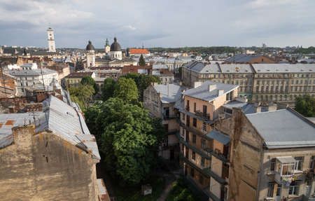 LVIV, UKRAINE - Jun. 20, 2021: Aerial view of historical old city district of Lviv. Churches, cathedrals, city hall and houses roofs in old Lviv. Lviv panoramic viewのeditorial素材