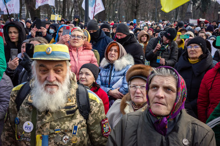 KYIV, UKRAINE - Nov. 24, 2021: Several hundred people protest against coronavirus restrictions and...