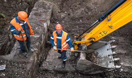 KYIV, UKRAINE - May 20, 2021: Earthworks at the construction site of the city. Repair work in the city sewerage system. Worker in a special suit with a shovelのeditorial素材