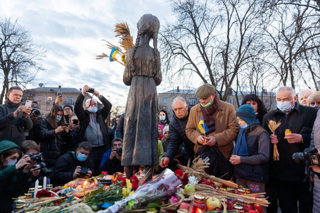 KYIV, UKRAINE - Nov. 27, 2021: Ceremony of commemoration of victims of the famine-genocide of...
