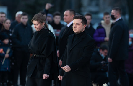 KYIV, UKRAINE - Nov. 27, 2021: President Vladimir Zelensky with spouse honors the victims of the Holodomor in Ukaraine, Kyivのeditorial素材