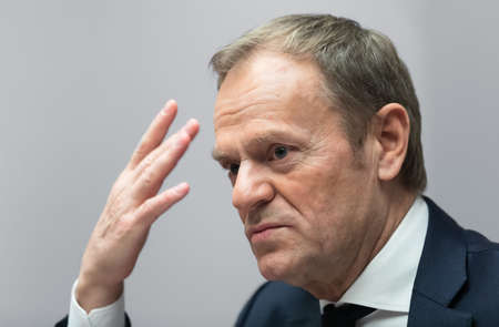KYIV, UKRAINE - Nov. 27, 2021: Donald Tusk during Kyiv Security Forum. The main international forum of Ukraine to discuss the issues of war and peace, national and international security.のeditorial素材