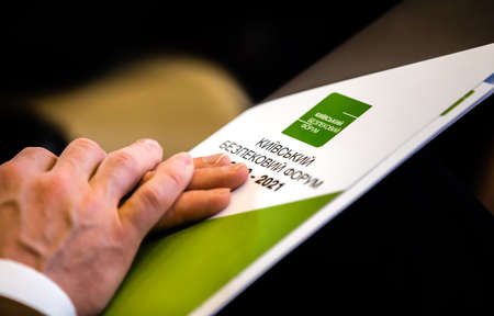 KYIV, UKRAINE - Nov. 27, 2021: Kyiv Security Forum. The main international forum of Ukraine to discuss issues of war and peace, national and international security. Title - Kyiv Security Forumのeditorial素材